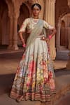 Buy_Kalista_Blue Blouse And Lehenga Raw Silk Print Floral Manya Flower Bloom Bridal Set _at_Aza_Fashions