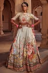 Buy_Kalista_Blue Blouse And Lehenga Raw Silk Print Floral Manya Flower Bloom Bridal Set _Online_at_Aza_Fashions