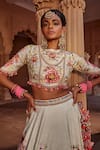 Kalista_Blue Blouse And Lehenga Raw Silk Print Floral Manya Flower Bloom Bridal Set _at_Aza_Fashions