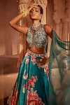 Buy_Kalista_Blue Lehenga And Blouse Raw Silk Floral Leaf Gulshaad Flower Pattern Bridal Set _Online_at_Aza_Fashions