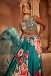 Shop_Kalista_Blue Lehenga And Blouse Raw Silk Floral Leaf Gulshaad Flower Pattern Bridal Set _Online_at_Aza_Fashions