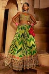 Kalista_Green Lehenga And Blouse Raw Silk Printed Chevron Leher Geometric Bridal Set _Online_at_Aza_Fashions