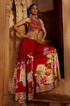 Kalista_Red Raw Silk Floral Round Gulshad Pattern Sharara And Blouse Set_Online_at_Aza_Fashions