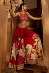 Buy_Kalista_Red Raw Silk Floral Round Gulshad Pattern Sharara And Blouse Set_Online_at_Aza_Fashions