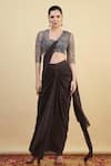 Buy_Nishta Studio_Brown Saree And Blouse Net Embroidery Cutdana Pre-draped With Stripe  _at_Aza_Fashions