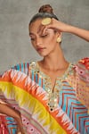 Shop_Gulabo by Abu Sandeep_Multi Color Modal Satin Printed Tribal Notched V Floral Short Kaftan _Online_at_Aza_Fashions