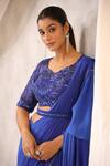 Buy_K-Anshika_Blue Georgette Embroidered Sequin Round V Pre-draped Saree With Blouse _Online_at_Aza_Fashions