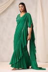 Buy_K-Anshika_Green Georgette Sequins, Beads V-neck Ruffled Pre-draped Saree With Blouse _Online_at_Aza_Fashions