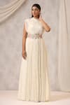 k-anshika_Off White Georgette Embellished Resham Frilled High Round Gathered Gown _Online_at_Aza_Fashions