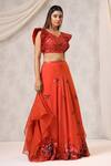 Buy_k-anshika_Orange Organza Embroidered Floral Applique V Neck Lehenga Set _at_Aza_Fashions