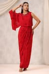 Buy_k-anshika_Red Georgette Embroidered Resham Round Floral Gathered Maxi Dress _at_Aza_Fashions