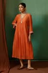 Buy_Chokhi Chorri_Orange Malai Cotton Embroidered Sequin V Neck Ratnhaar Yoke Gathered Dress _at_Aza_Fashions