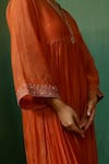 Chokhi Chorri_Orange Malai Cotton Embroidered Sequin V Neck Ratnhaar Yoke Gathered Dress _Online_at_Aza_Fashions