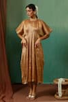 Buy_Chokhi Chorri_Gold Silk Tissue Embroidered Thread And Bead Suvam Smocked Yoke Metallic Kaftan _at_Aza_Fashions