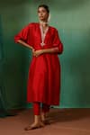 Buy_Chokhi Chorri_Red Silk Embroidered Sequin Kurta Notched Round Neck Haarmahim And Pant Set _at_Aza_Fashions