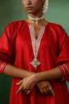 Buy_Chokhi Chorri_Red Silk Embroidered Sequin Kurta Notched Round Neck Haarmahim And Pant Set _Online_at_Aza_Fashions