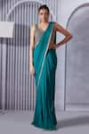 Buy_Pritika Vora_Green Georgette Embroidered Pearls V Pre-draped Saree With Sleeveless Blouse _at_Aza_Fashions