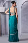 Shop_Pritika Vora_Green Georgette Embroidered Pearls V Pre-draped Saree With Sleeveless Blouse _at_Aza_Fashions