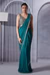 Pritika Vora_Green Georgette Embroidered Pearls V Pre-draped Saree With Sleeveless Blouse _Online_at_Aza_Fashions