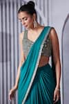 Buy_Pritika Vora_Green Georgette Embroidered Pearls V Pre-draped Saree With Sleeveless Blouse _Online_at_Aza_Fashions