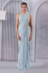 Shop_Pritika Vora_Blue Saree Crepe Chiffon Embroidered Sequins High Neck Pre-draped With Blouse _at_Aza_Fashions