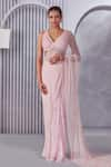 Buy_Pritika Vora_Pink Saree Net And Organza Embroidered Sequins V Neck Pre-draped With Blouse _at_Aza_Fashions