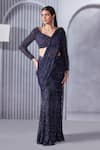 Pritika Vora_Blue Soft Net Hand Embroidered Crystals V Neck Pre-draped Saree With Blouse _Online_at_Aza_Fashions