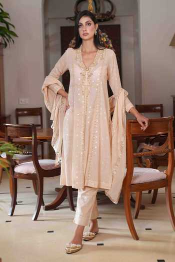 Buy_Nazar By Indu_Beige Cotton Zari, Embroidery V-neck And Dabka Kurta Pant Set _at_Aza_Fashions