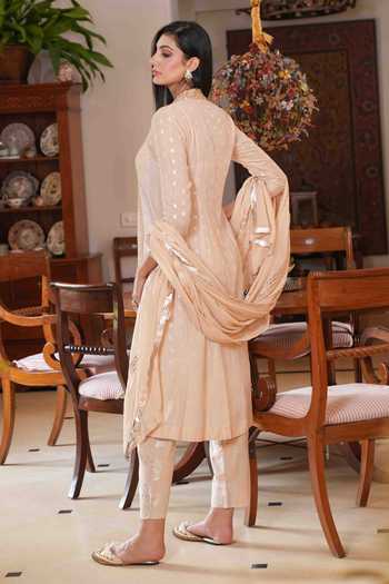 Shop_Nazar By Indu_Beige Cotton Zari, Embroidery V-neck And Dabka Kurta Pant Set _at_Aza_Fashions