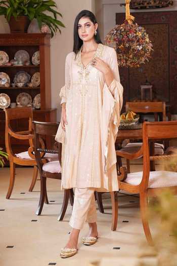 Buy_Nazar By Indu_Beige Cotton Zari, Embroidery V-neck And Dabka Kurta Pant Set _Online_at_Aza_Fashions