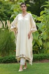 Buy_Nazar by Indu_White Cotton Placement Embroidery Gota V Neck Work Kaftan With Pant _at_Aza_Fashions