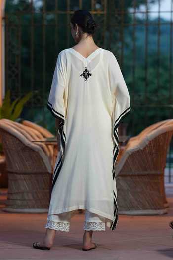Shop_Nazar By Indu_White Cotton Embroidery V-neck Kaftan And Pant Set _at_Aza_Fashions