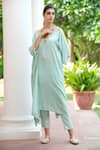 Nazar By Indu_Green Cotton, Jacquard Tassels V-neck Hand Embroidered Kaftan With Pant _Online_at_Aza_Fashions