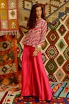 Shop_Pallavi Jaipur_Pink Top- Wrinkle Crepe Embroidered Indi-leheriya Short Tunic And Flared Pant Set _at_Aza_Fashions