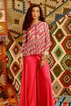 Pallavi Jaipur_Pink Top- Wrinkle Crepe Embroidered Indi-leheriya Short Tunic And Flared Pant Set _Online_at_Aza_Fashions