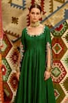 Pallavi Jaipur_Green Kurta And Pant- Slit Sleeve Anarkali Set With Leheriya Dupatta _Online_at_Aza_Fashions