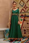 Pallavi Jaipur_Green Kurta And Pant- Tussar Silk Embroidered Vintage Anarkali Set  _Online_at_Aza_Fashions