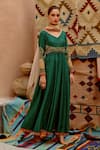 Shop_Pallavi Jaipur_Green Kurta And Pant- Tussar Silk Embroidered Vintage Anarkali Set  _at_Aza_Fashions