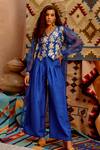 Buy_Pallavi Jaipur_Blue Pant And Crop Top Tussar Silk Waistcoat Organza Jacket Set  _at_Aza_Fashions