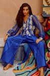 Pallavi Jaipur_Blue Pant And Crop Top Tussar Silk Waistcoat Organza Jacket Set  _at_Aza_Fashions