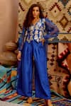 Shop_Pallavi Jaipur_Blue Tussar Silk Embroidered Jama Pitaan V Neck Waistcoat And Pant Set  _at_Aza_Fashions