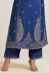 Priya Chaudhary_Blue Chanderi Silk Embroidery Split V-neck Kurta And Pant Set _at_Aza_Fashions