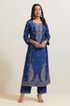 Priya Chaudhary_Blue Chanderi , , Embroidery Split V-neck Kurta Pant Set _Online_at_Aza_Fashions