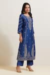 Buy_Priya Chaudhary_Blue Chanderi , , Embroidery Split V-neck Kurta Pant Set _Online_at_Aza_Fashions