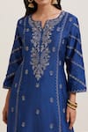 Priya Chaudhary_Blue Chanderi , , Embroidery Split V-neck Kurta Pant Set _at_Aza_Fashions