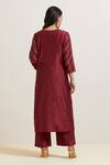 Shop_Priya Chaudhary_Maroon Chanderi Silk Embroidery Split V-neck Floral Kurta _at_Aza_Fashions