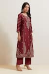 Buy_Priya Chaudhary_Maroon Chanderi Silk Embroidery Split V-neck Floral Kurta _Online_at_Aza_Fashions