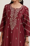 Shop_Priya Chaudhary_Maroon Chanderi Silk Embroidery Split V-neck Floral Kurta _Online_at_Aza_Fashions