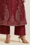 Priya Chaudhary_Maroon Chanderi Silk Embroidery Split V-neck Floral Kurta And Pant Set _Online_at_Aza_Fashions