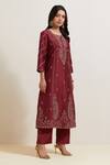 Buy_Priya Chaudhary_Maroon Chanderi Silk Embroidery Split V-neck Floral Kurta And Pant Set _Online_at_Aza_Fashions